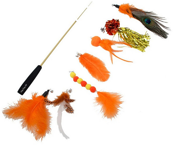 딩동펫 고양이 컬러풀 낚싯대 8종 세트, 오렌지, 1세트