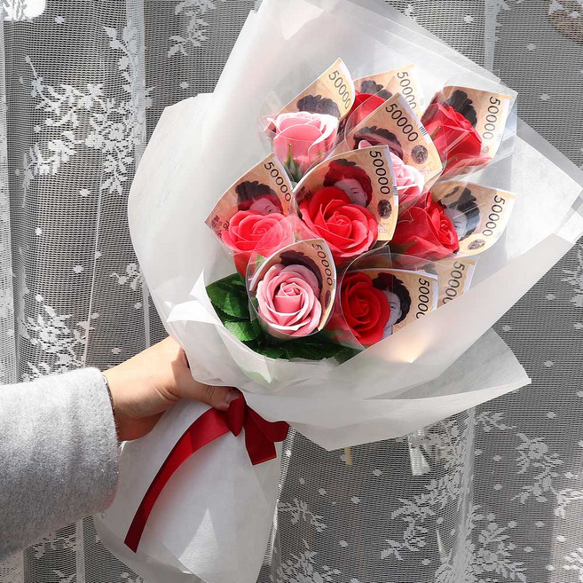 노블리 로안느 장미 비누꽃 10송이 돈꽃다발 + 메세지카드 + 기프트쇼핑백 세트, 레드, 1개