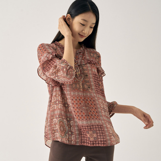 zishen 女款民族風荷葉邊襯衫 LFWSN806
