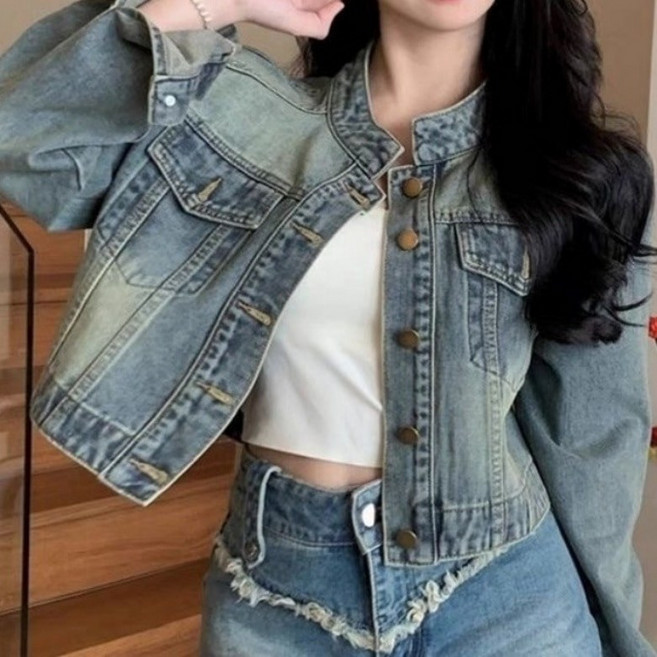 I'M MONG 女款基本版型立領水洗丹寧短版長袖夾克 R6S147