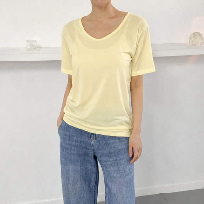 라라온 여성용 무지 브이넥 반팔 스판 티셔츠 26TSP3805