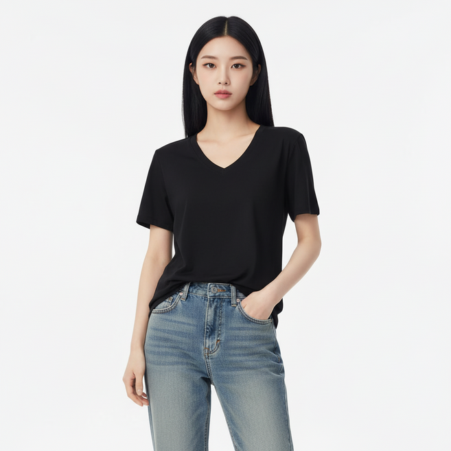 마켓피아 여성용 데일리룩 기본핏 브이넥 반팔 티셔츠