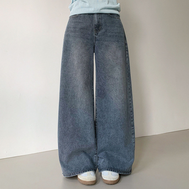 플랜데이 여성용 숏/미디움/롱 기장 우기 워싱 와이드 데님팬츠