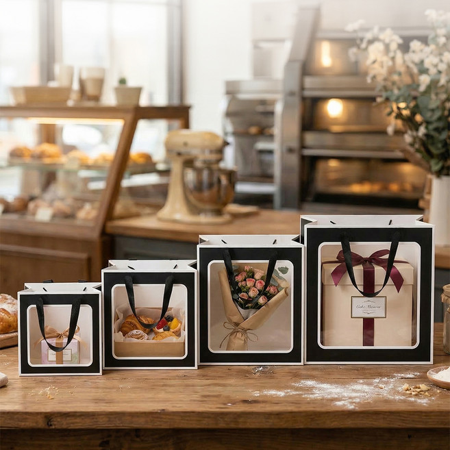 펜시픽 바닥넓은 정사각 투명창 윈도우 쇼핑백, 블랙라인, 5개