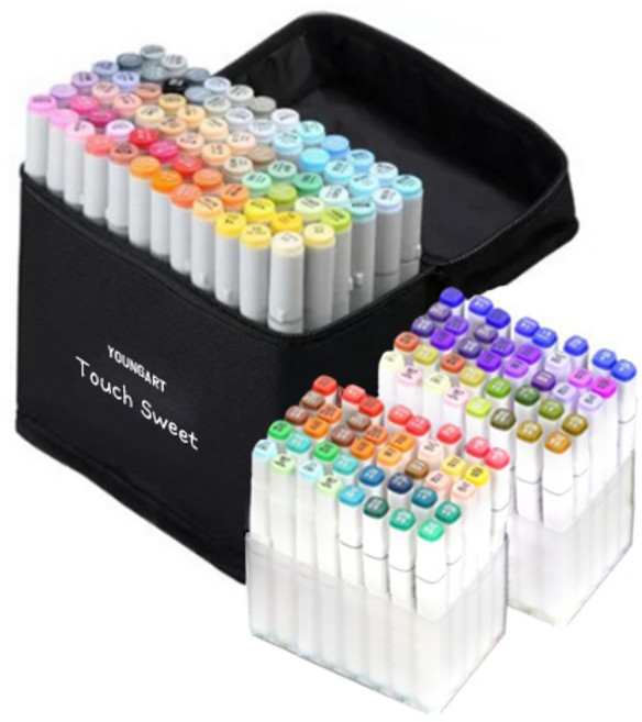 YOUNG ART 白筆管雙頭麥克筆 80色 Set 含40格透明筆筒2入, 多色, 1組