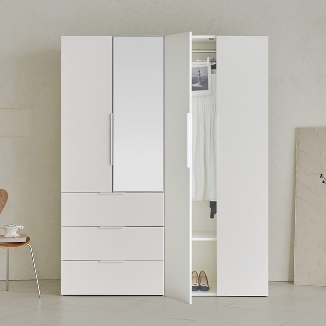 웰퍼니쳐 카린 1단 행거형 + 3단 거울서랍형 높은 옷장 세트 방문설치, 화이트