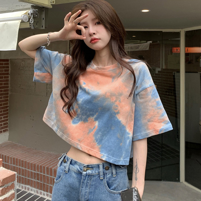 엘쏘 여성용 통기성 그라데이션 프린팅 루즈핏 크롭 반팔 티셔츠