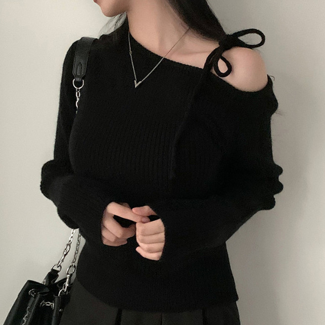 PEONIST 女款不對稱露肩蝴蝶結長袖T恤