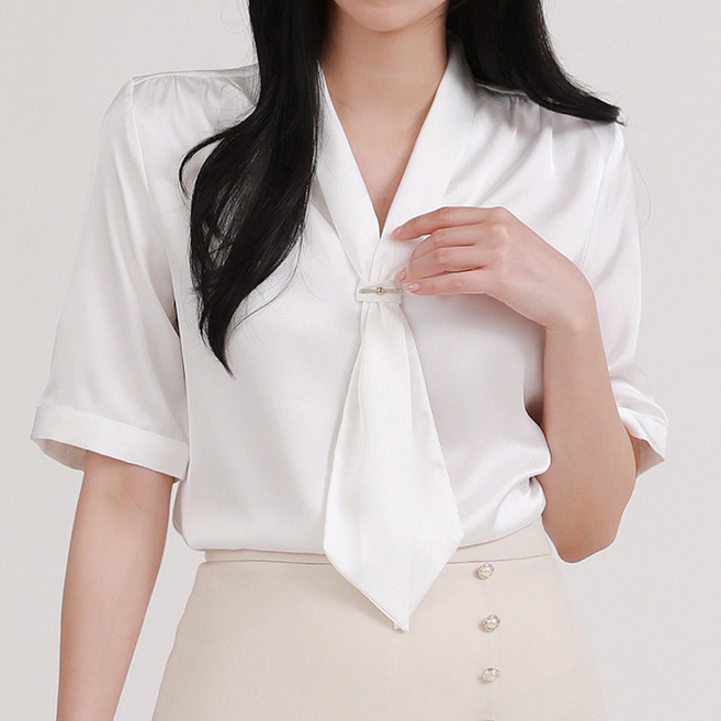 페이릿 여성용 소프트 새틴 타이 반팔 블라우스