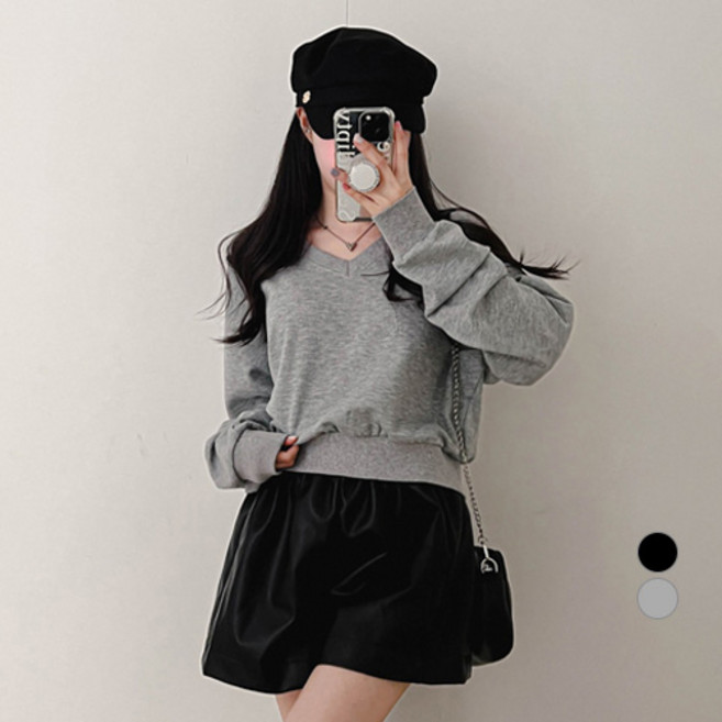 밀키버터 여성용 V넥 크롭 맨투맨 MB2244