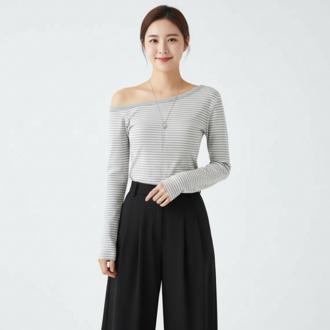 구디프 여성용 스트라이프 오프숄더 슬림핏 데일리 탑 긴팔 티셔츠