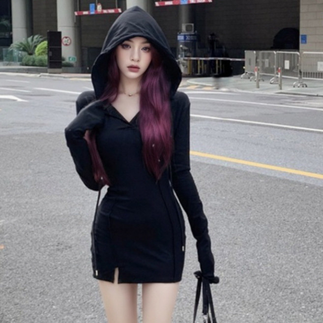 피어니스트 날씬 브이넥 후드 원피스