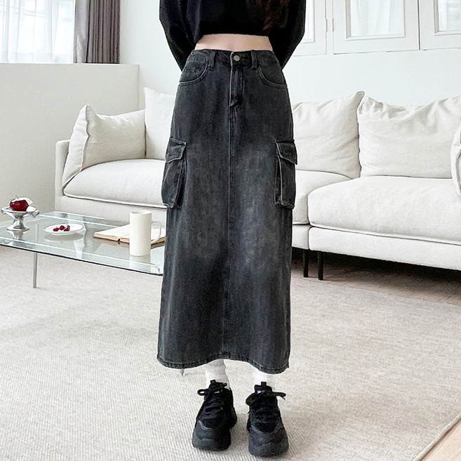 잘빠진 여성용 비안 카고데님 뒷밴딩 트임 롱스커트