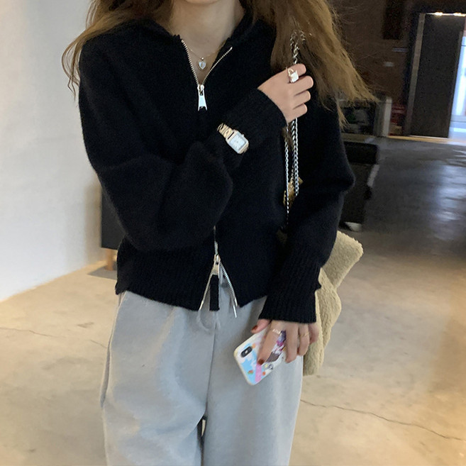 Goodif 女款Allo針織短版連帽拉鍊外套