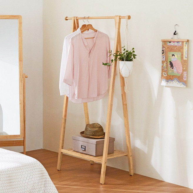 우디홈 엣지형 원목 스탠드 옷걸이 선반 행거, 내추럴