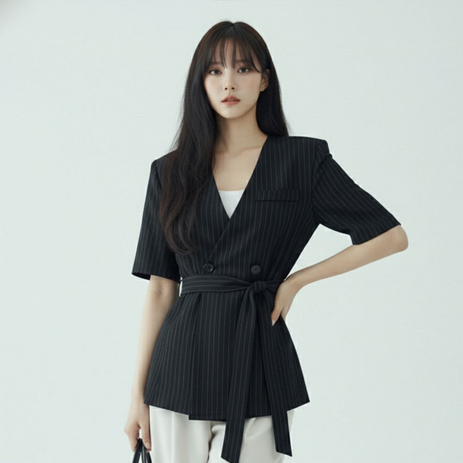 페이퍼먼츠 여성용 멘느 노카라 스트라이프 더블 반팔 자켓 14475