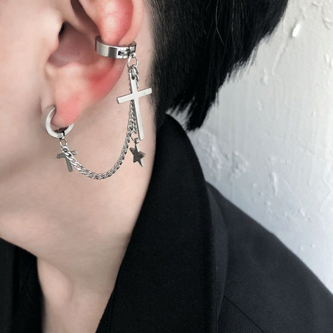 젤루나 여성용 써지컬 볼드 플랫 십자가 별 체인 드롭 원터치 링귀걸이 P-647