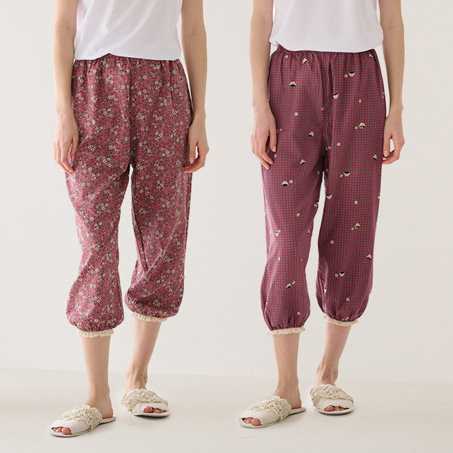 테라우드 여성용 통기성 던플라워 프릴 밴딩 9부 파자마 바지 2종 세트