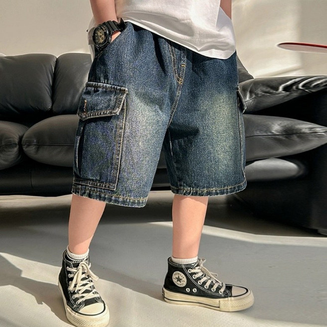 이유몽 아동용 와이드핏 밴딩 사이드 포켓 데님 반바지 E6H023