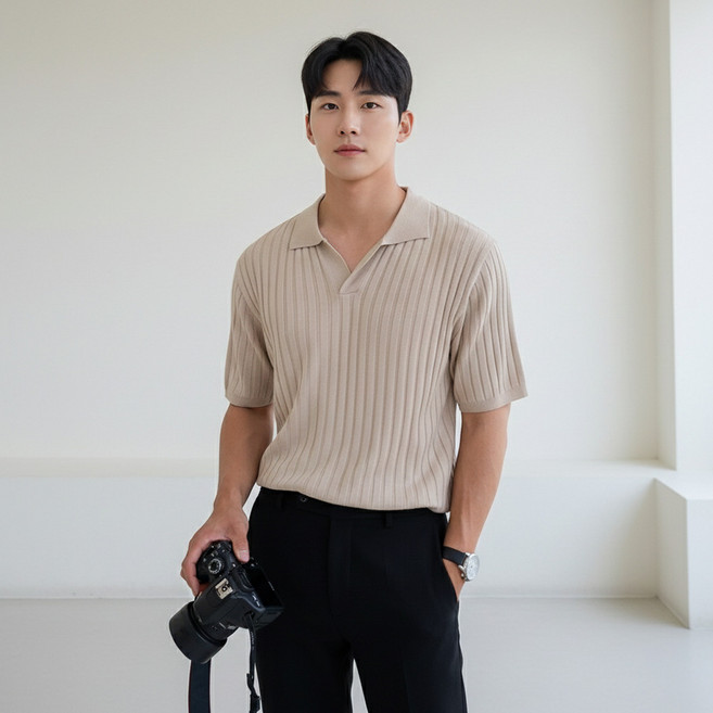 인피어스 남성용 슬림핏 오픈 카라 반팔 니트 I263-117