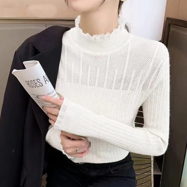 반야스토리 여성용 간절기 프릴 반목 시스루 슬림핏 니트 SS137