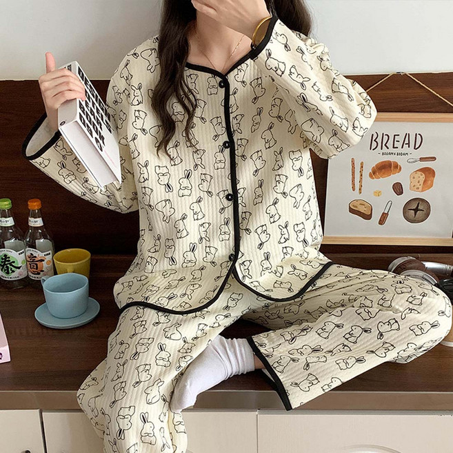 Twoistar 女性絎縫加厚V領居家服睡衣上下套裝