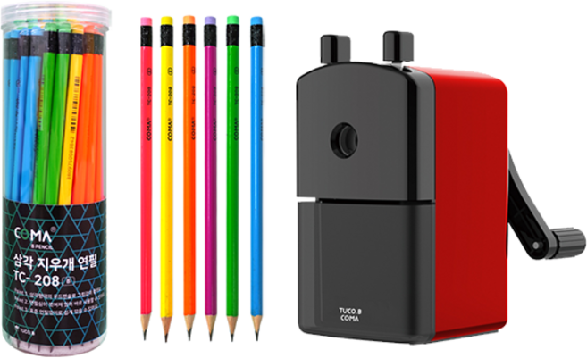 투코비 코마 삼각 지우개 연필 TC-208B 48p + 연필깎이 TC-M1, 레드, 1세트