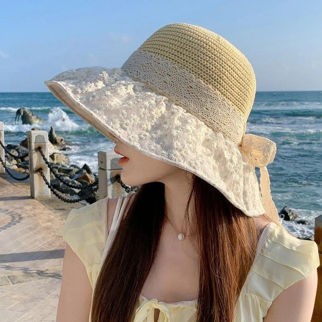 Raratina 女款 Zeroa 蕾絲綁帶寬簷草帽