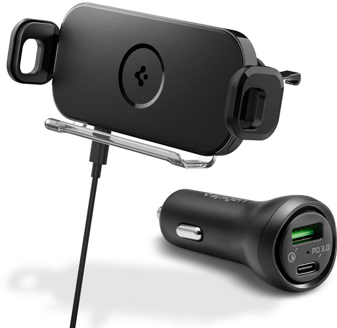 슈피겐 갤럭시 Z 폴드 15W 차량용 고속 무선 충전 자동 거치대 송풍구형 + 퀄컴 3.0 2포트 시거잭 세트, ASE05963, 블랙