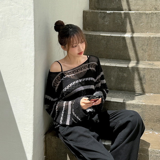 이블렛 여성용 빅사이즈 티모뉴 스카시 스트라이프 니트