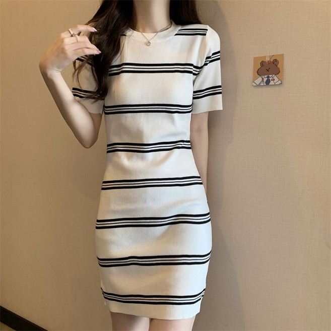 라라티나 여성용 조엘라 라운드넥 스트라이프 니트 반팔 원피스