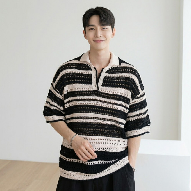 닷이프 남성용 스트라이프 컬러드 카라 반팔 티셔츠 D263-0835