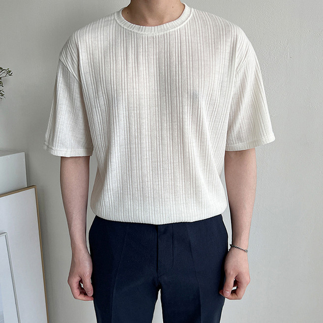 머시따 남성용 통기성 골지 라운드 니트반팔 티셔츠