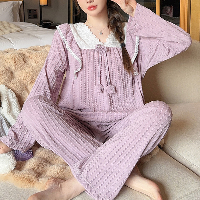 Anna&Co 女款V領泡泡袖荷葉邊長袖睡衣上下套裝