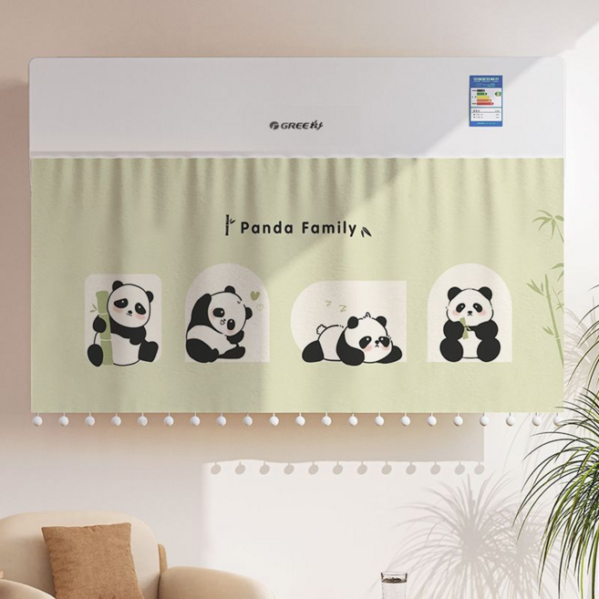 릴리픽 바람막이 에어컨 가리막 커튼 90 x 40 cm + 벨크로 세트, 1세트, 커튼(팬더 패밀리 그린)