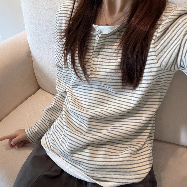 디멜디 여성용 헨리넥 스트라이프 이너 긴팔 티셔츠