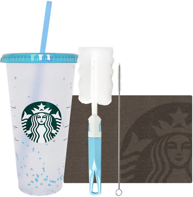 STARBUCKS 星巴克 夏季五彩紙屑變色可重複使用冷飲杯 + 清潔刷禮品組, 天藍色(冷飲杯), 隨機出貨(清潔刷), 710ml, 1套