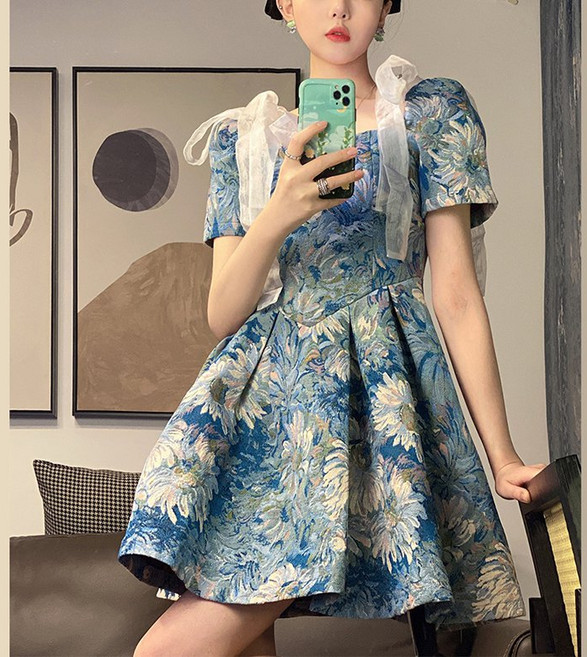 女款蓬鬆A字復古綁帶洋裝, 藍色