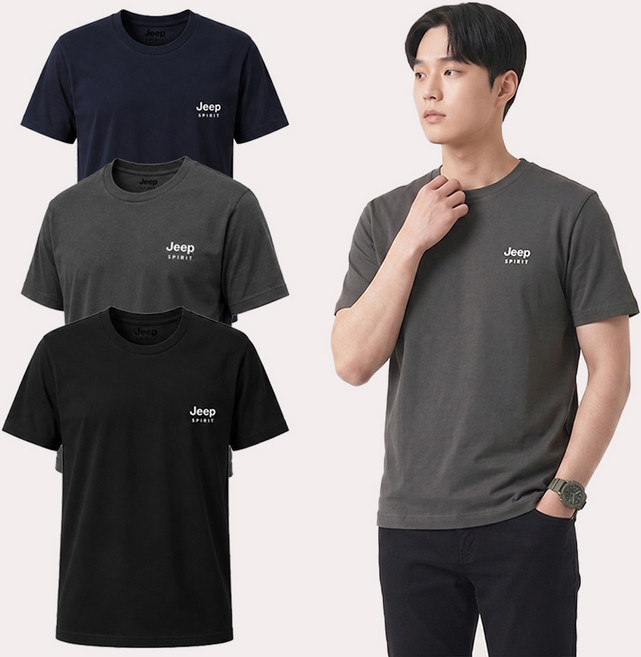 JEEP SPIRIT 男女通用透氣圓領重點短袖T恤 3件組, 黑色, 海軍藍, 灰色