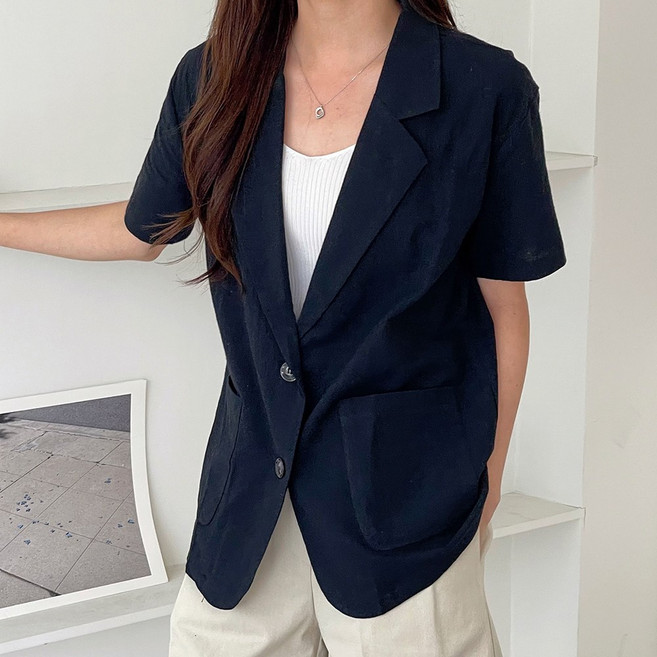 TANIZ 女款Ellen亞麻夏季短袖單排扣外套