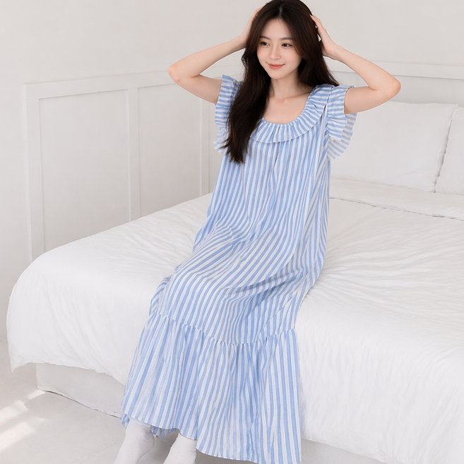 2Estar 女款附胸墊U領荷葉邊長版連身睡裙