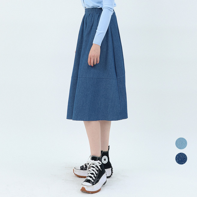 엘쏘 A라인 플레어 미디 청 데님 스커트