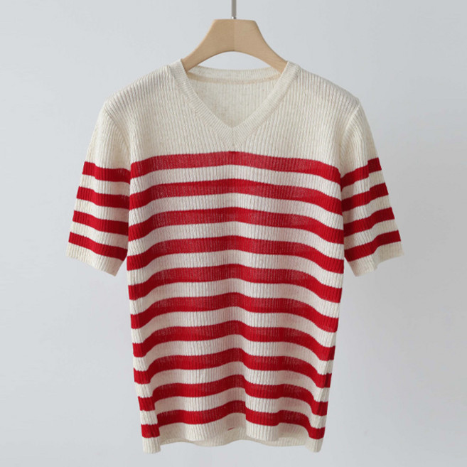 제니트 여성용 기본핏 브이넥 캐주얼 스트라이프 랩소브이단 반팔 니트 n1847