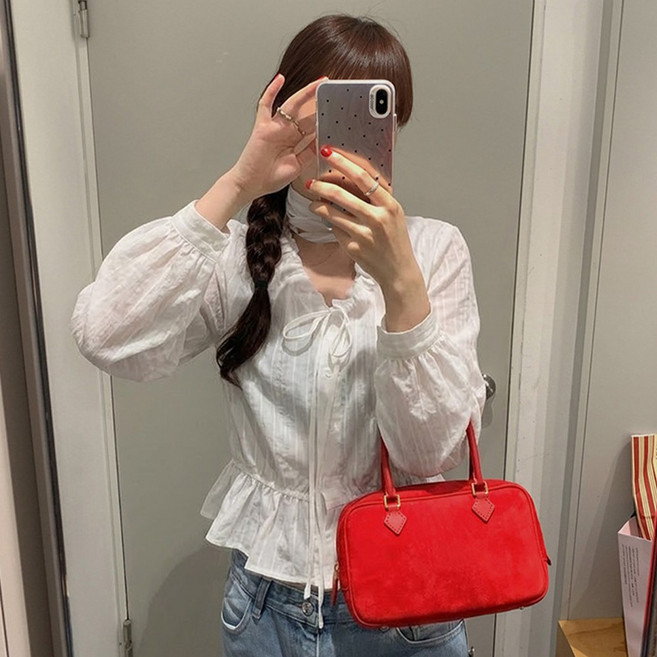 타니즈 여성용 다비엔 퍼프소매 리본 셔링 긴팔 블라우스