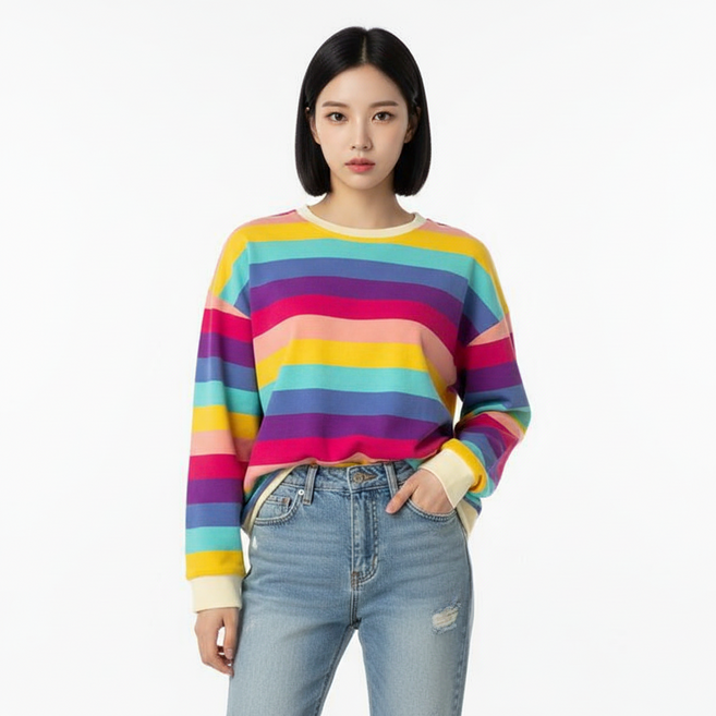 마켓피아 여성용 오버핏 레인보우 스트라이프 라운드넥 긴팔 티셔츠