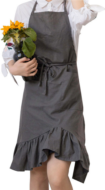 AGNO 아그노 린넨 원피스형 밑단 레이스 앞치마, 그레이, 1개