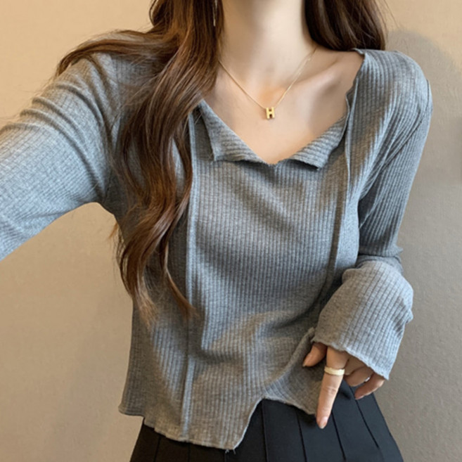 패션플로우 여성용 포인트 브이넥 골지 니트 긴팔 티셔츠