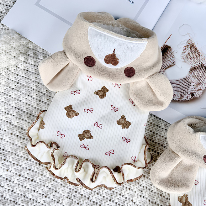 웨이비데이즈 반려동물 곰돌이 리본 패턴 펫원피스 W265-0006BEL, 베이지, 1개