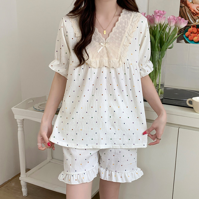 코코드림 여성용 보헤미안 프릴 반팔 잠옷 상하의 세트 9023