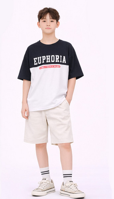 나나주니 라운드넥 필링 배색 상의 + 와이드 5부 바지 세트